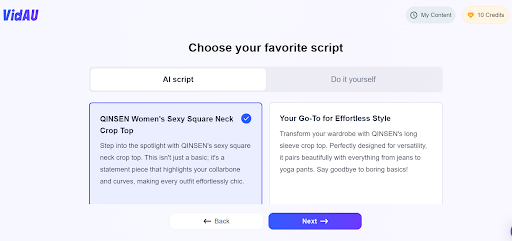 text to video step 5 – VidAU.ai Select Script from ad generator AI